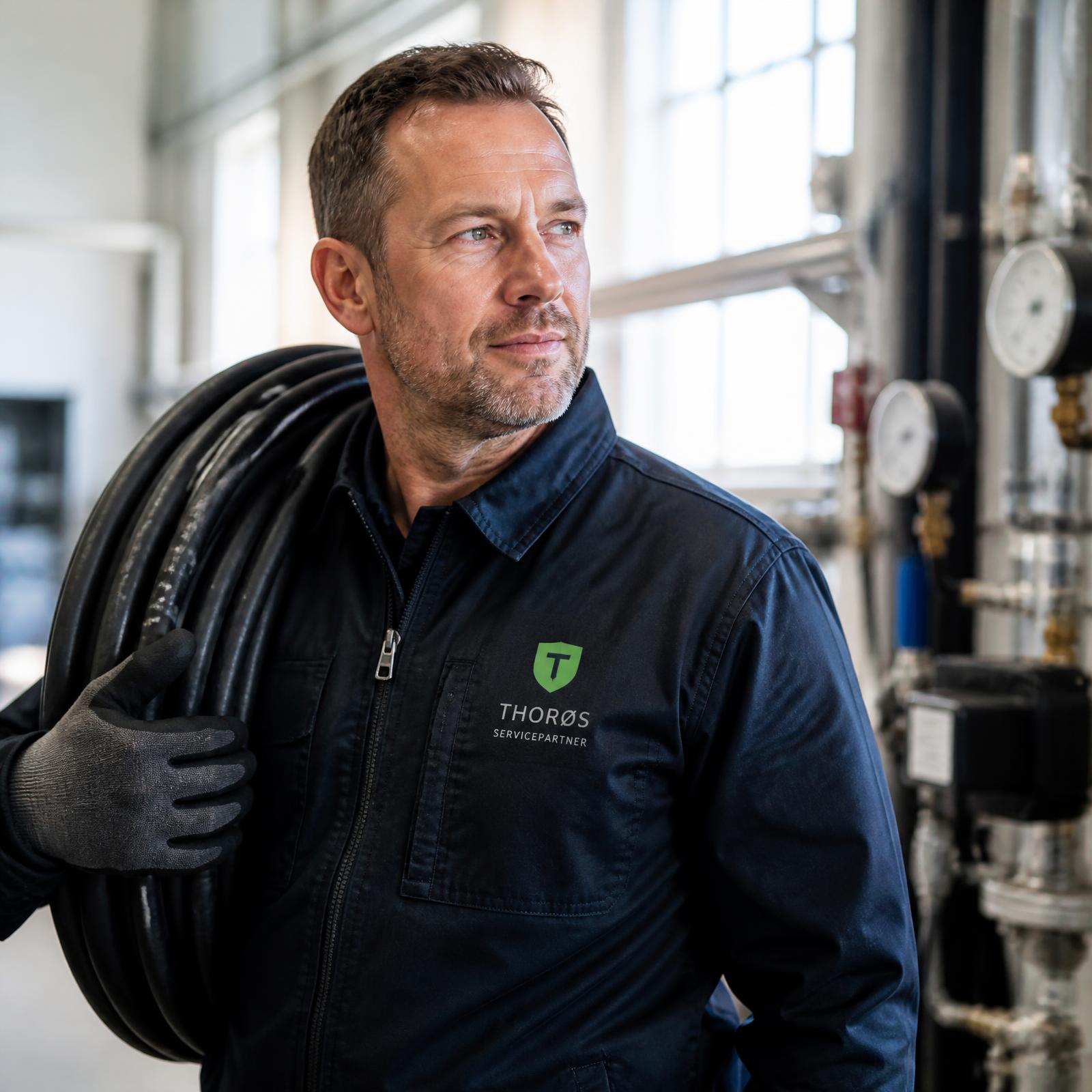 Thorøs-medarbejder med kabelrulle i industrimiljø
